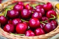 Red cherries in basket, ÃÂherry basket, red ÃÂherries on wooden